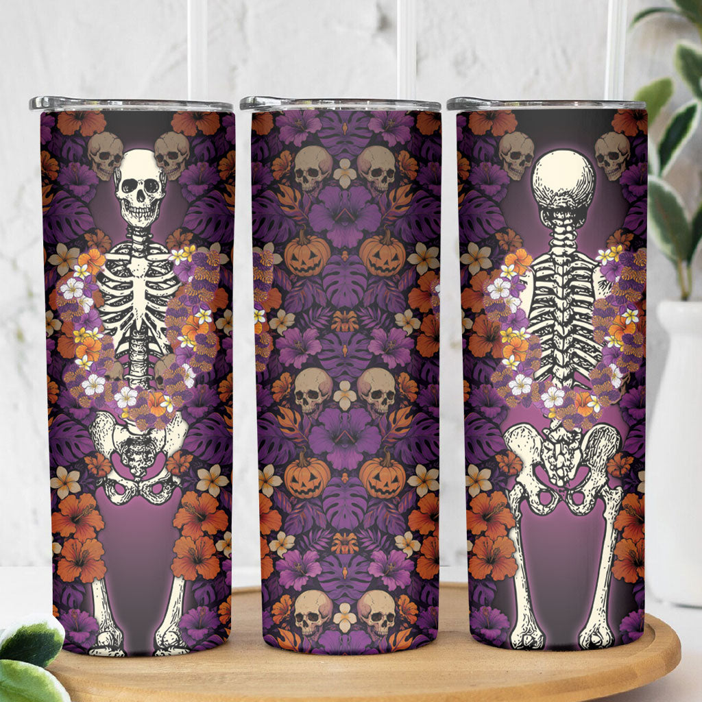 Hawaii Halloween Skinny Tumbler Skeleton Bones Flower Lei Tropical Floral DT05 - Polynesian Pride