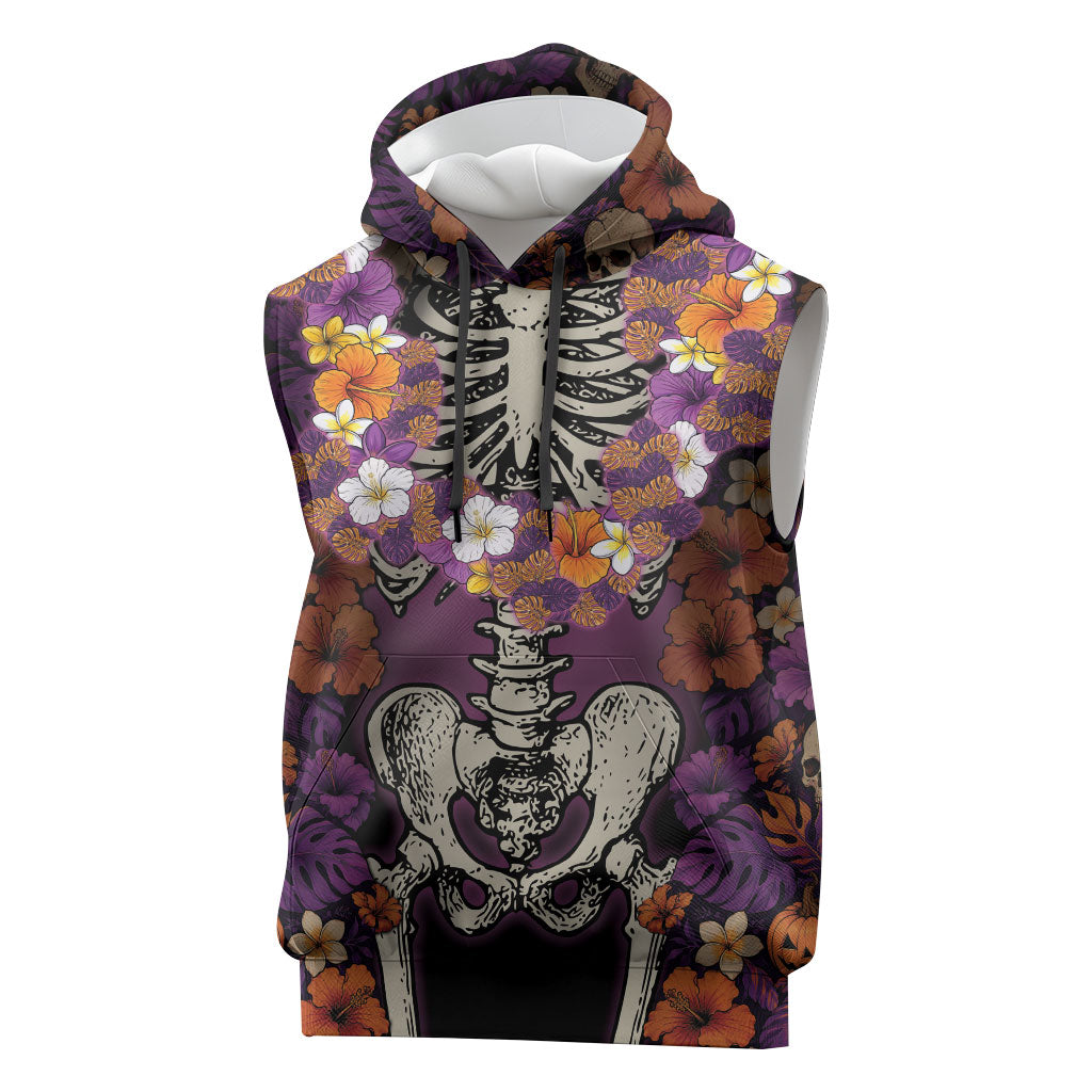 Hawaii Halloween Sleeveless Hoodie Skeleton Bones Flower Lei Tropical Floral DT05 Black - Polynesian Pride