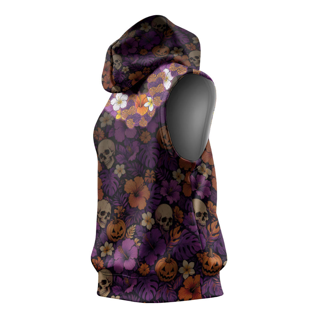 Hawaii Halloween Sleeveless Hoodie Skeleton Bones Flower Lei Tropical Floral DT05 - Polynesian Pride