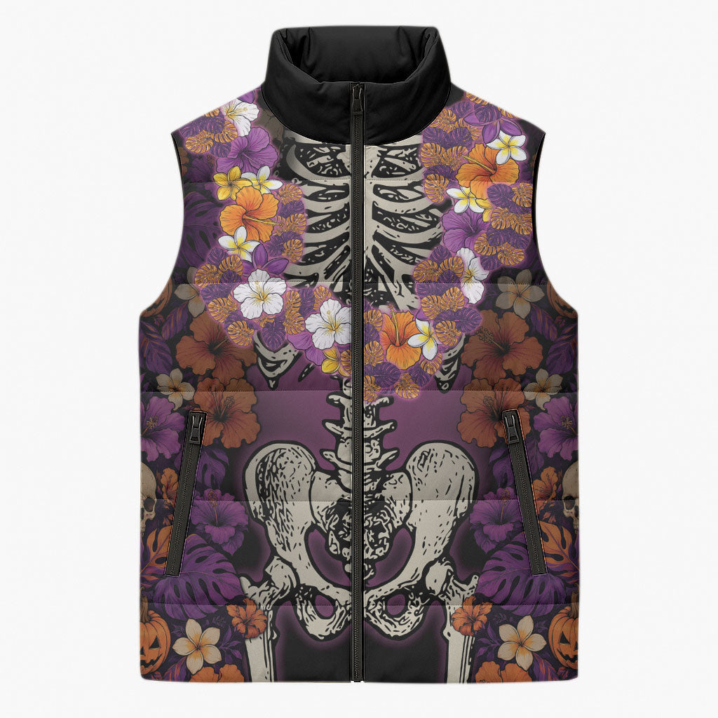 Hawaii Halloween Sleeveless Puffer Jacket Skeleton Bones Flower Lei Tropical Floral DT05 Unisex Black - Polynesian Pride