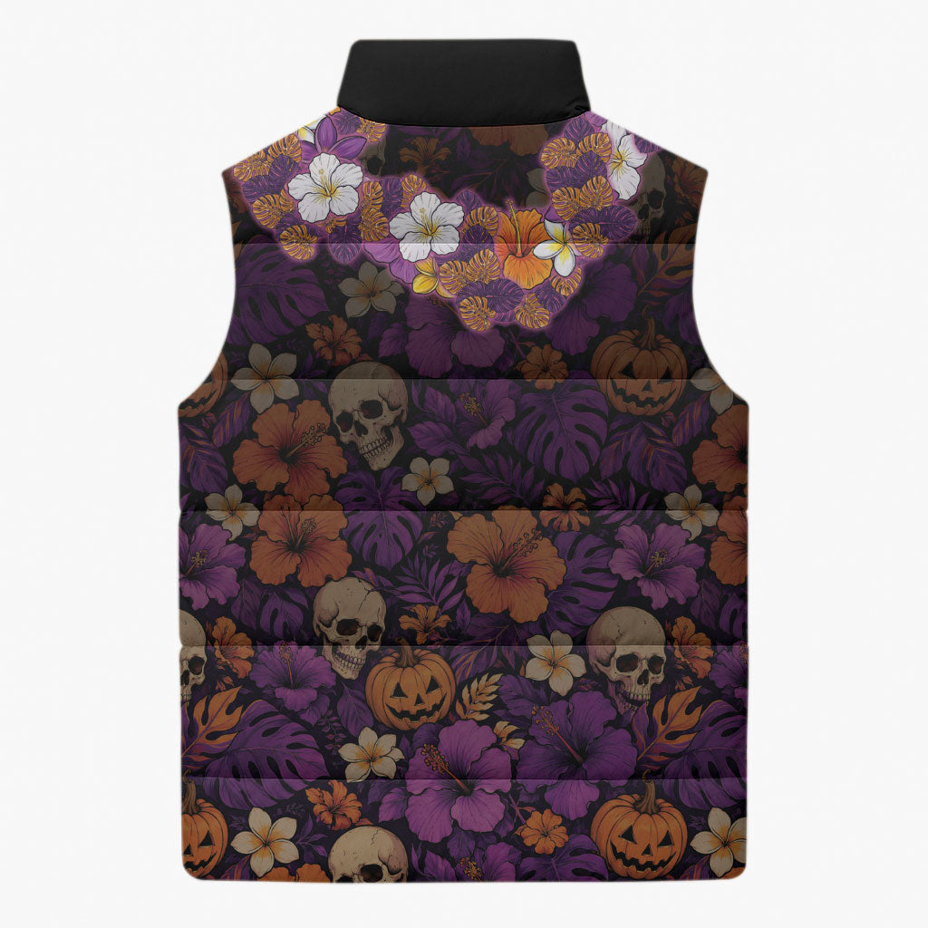 Hawaii Halloween Sleeveless Puffer Jacket Skeleton Bones Flower Lei Tropical Floral DT05 - Polynesian Pride