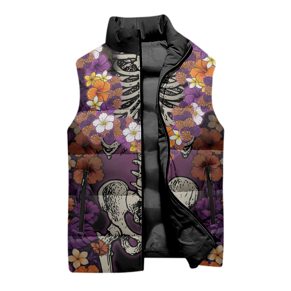 Hawaii Halloween Sleeveless Puffer Jacket Skeleton Bones Flower Lei Tropical Floral DT05 - Polynesian Pride