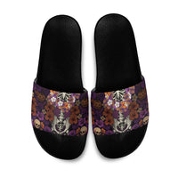 Hawaii Halloween Slide Sandals Skeleton Bones Flower Lei Tropical Floral DT05 Black - Polynesian Pride