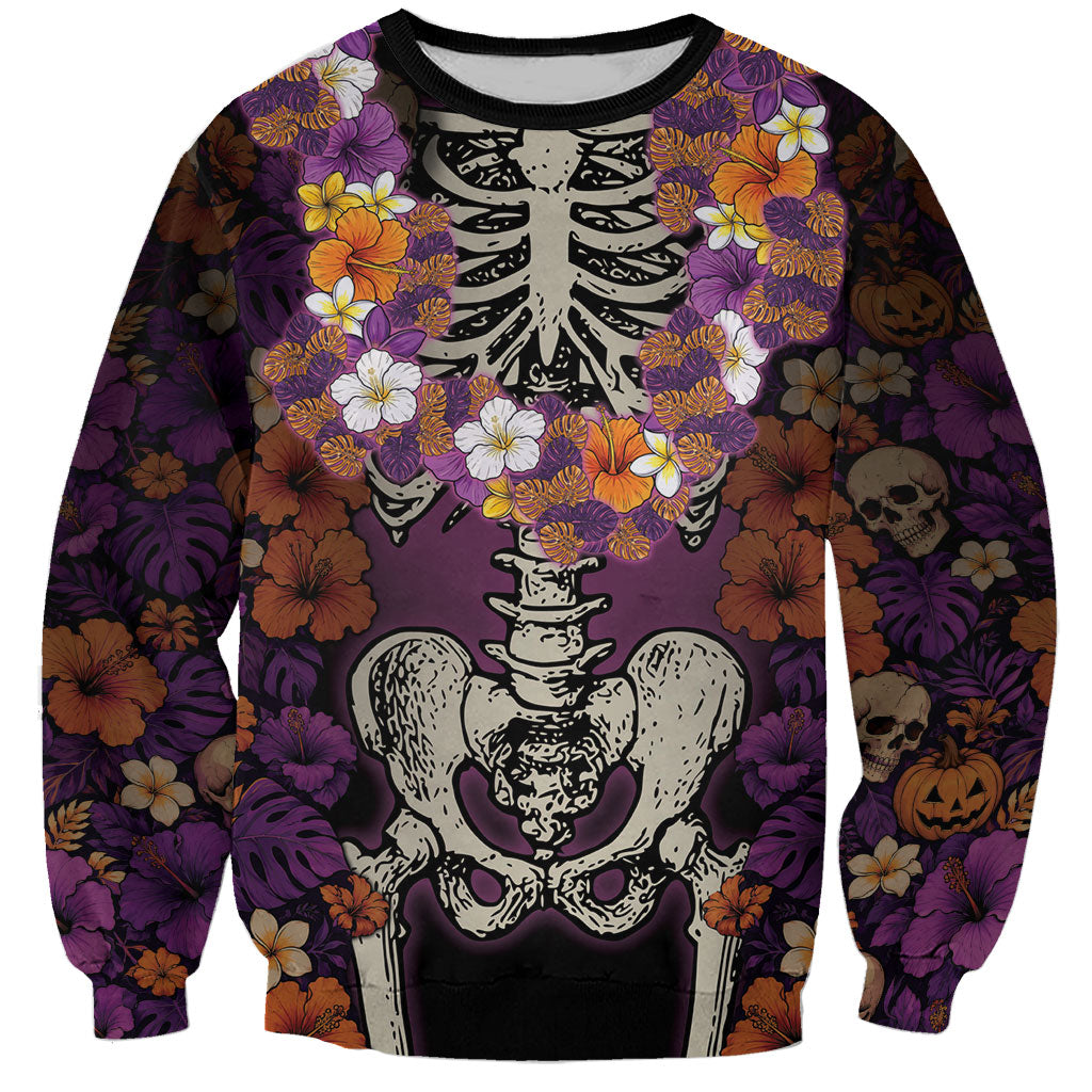 Hawaii Halloween Sweatshirt Skeleton Bones Flower Lei Tropical Floral DT05 Unisex Black - Polynesian Pride