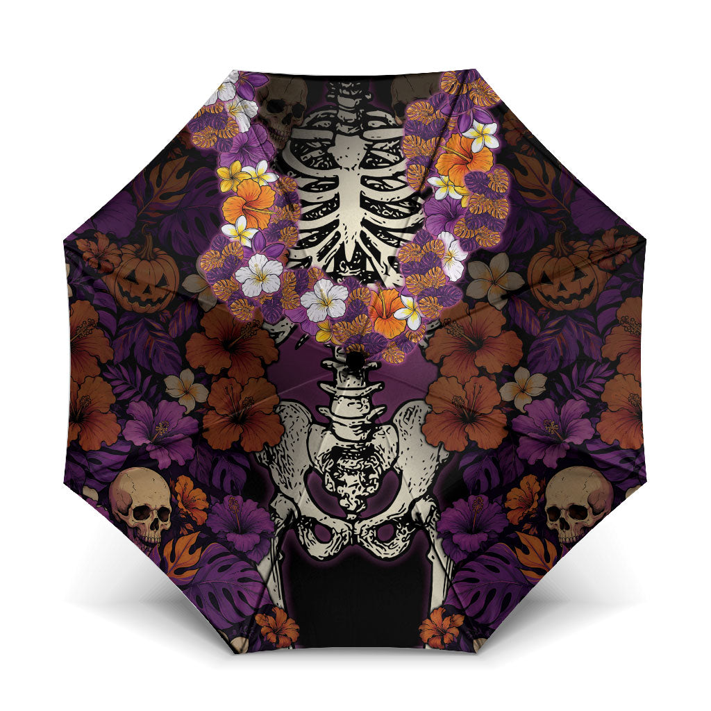 Hawaii Halloween Umbrella Skeleton Bones Flower Lei Tropical Floral DT05 One Size Folded 11.42 inch Opened Diameter 37.4 inch Black - Polynesian Pride