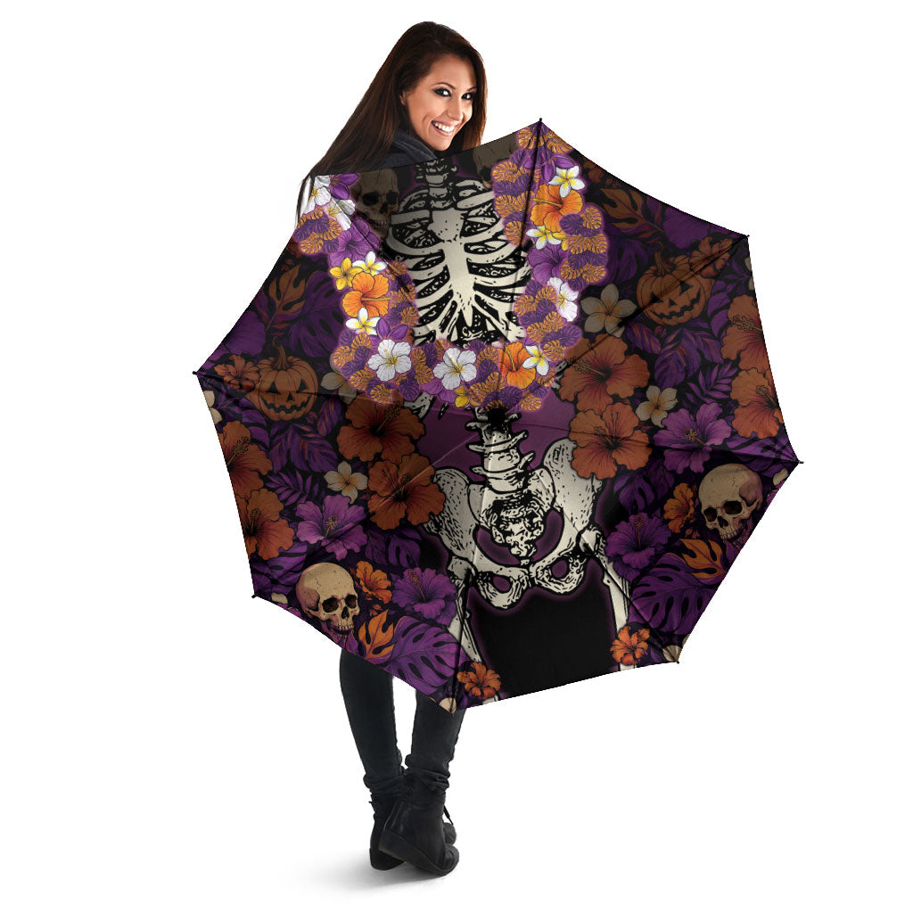 Hawaii Halloween Umbrella Skeleton Bones Flower Lei Tropical Floral DT05 - Polynesian Pride