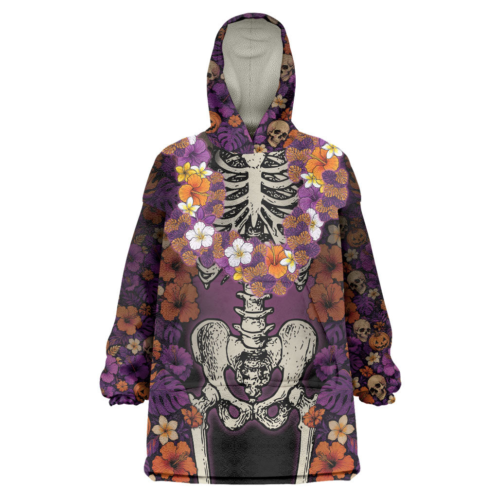 Hawaii Halloween Wearable Blanket Hoodie Skeleton Bones Flower Lei Tropical Floral DT05 One Size Black - Polynesian Pride