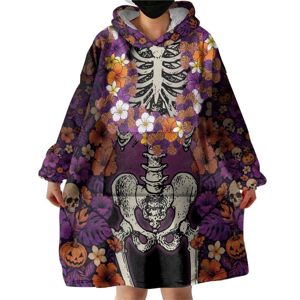 Hawaii Halloween Wearable Blanket Hoodie Skeleton Bones Flower Lei Tropical Floral DT05 - Polynesian Pride