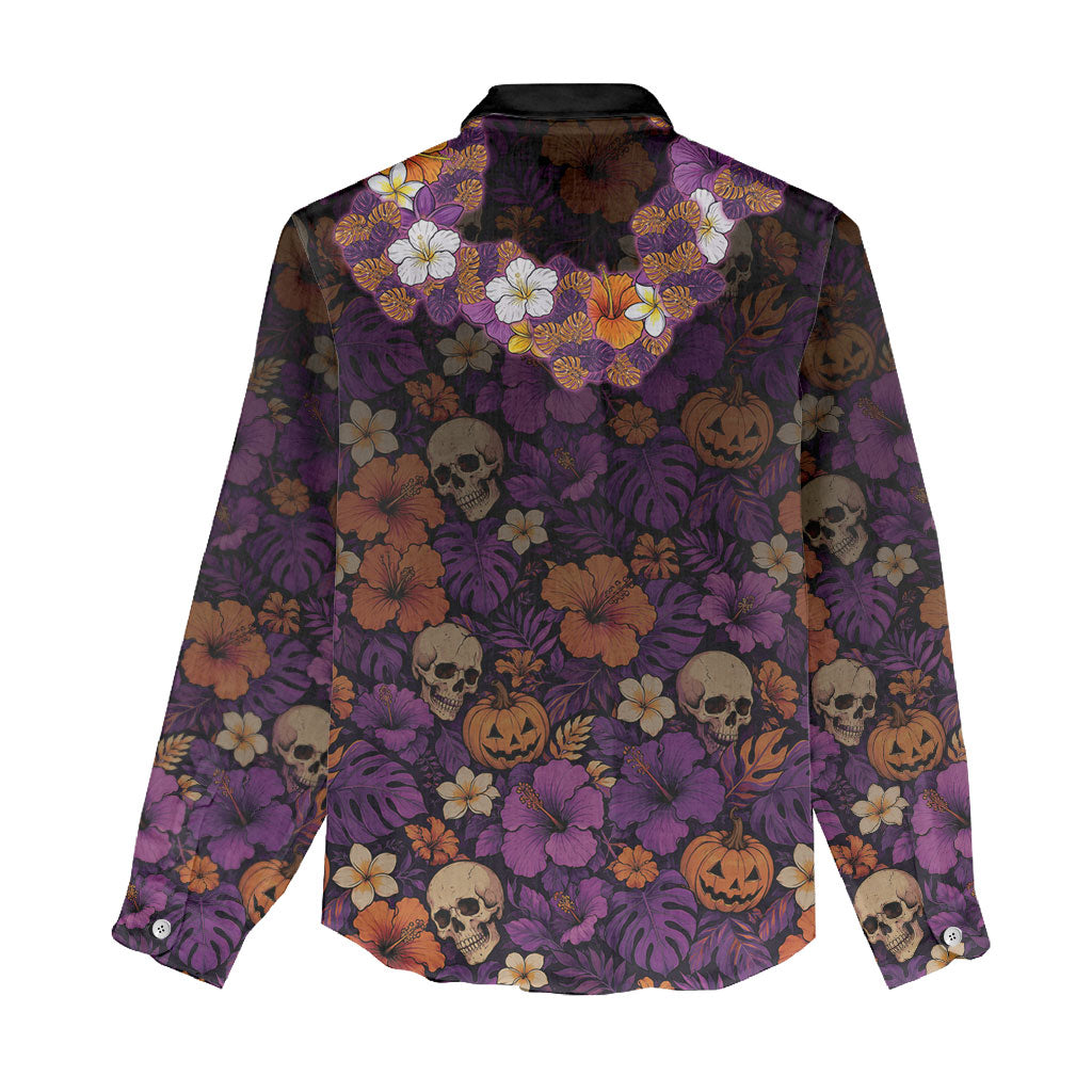 Hawaii Halloween Women Casual Shirt Skeleton Bones Flower Lei Tropical Floral DT05 - Polynesian Pride
