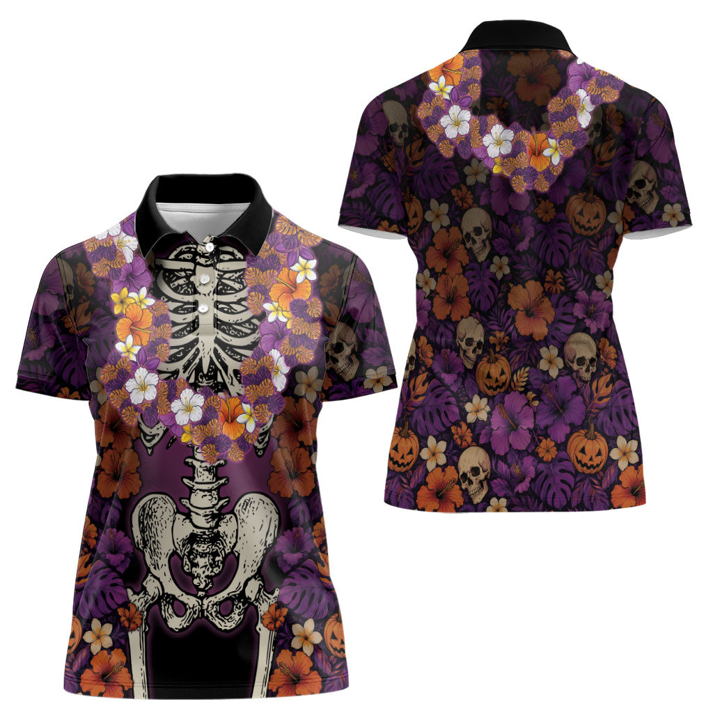 Hawaii Halloween Women Polo Shirt Skeleton Bones Flower Lei Tropical Floral DT05 - Polynesian Pride