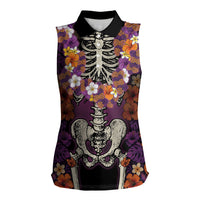 Hawaii Halloween Women Sleeveless Polo Shirt Skeleton Bones Flower Lei Tropical Floral DT05 Female Black - Polynesian Pride
