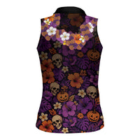 Hawaii Halloween Women Sleeveless Polo Shirt Skeleton Bones Flower Lei Tropical Floral DT05 - Polynesian Pride