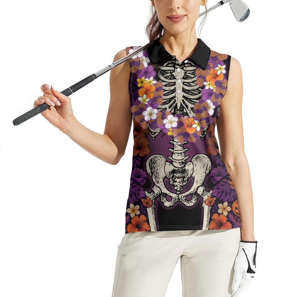 Hawaii Halloween Women Sleeveless Polo Shirt Skeleton Bones Flower Lei Tropical Floral DT05 - Polynesian Pride
