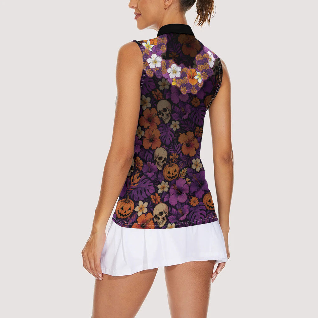 Hawaii Halloween Women Sleeveless Polo Shirt Skeleton Bones Flower Lei Tropical Floral DT05 - Polynesian Pride