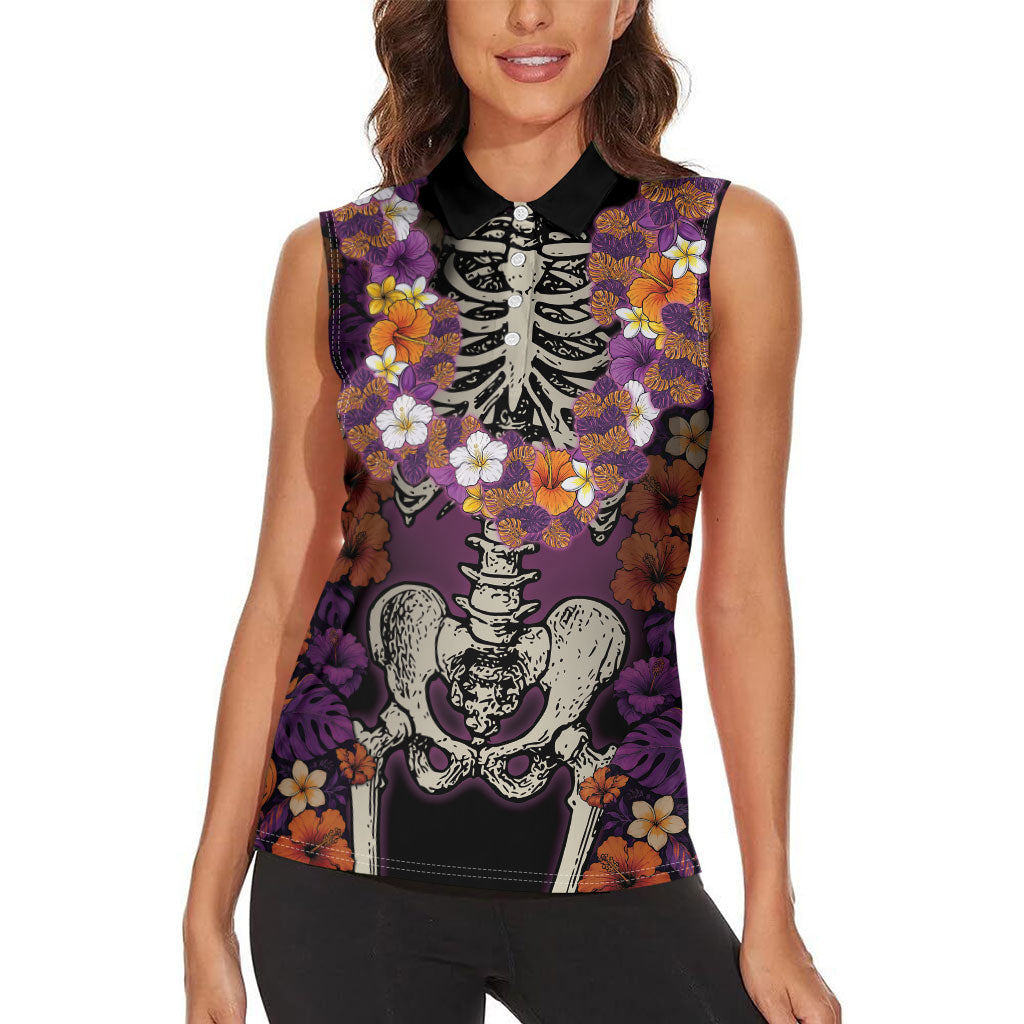 Hawaii Halloween Women Sleeveless Polo Shirt Skeleton Bones Flower Lei Tropical Floral DT05 - Polynesian Pride