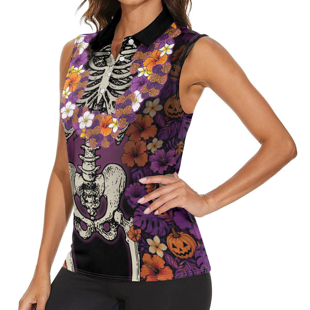 Hawaii Halloween Women Sleeveless Polo Shirt Skeleton Bones Flower Lei Tropical Floral DT05 - Polynesian Pride