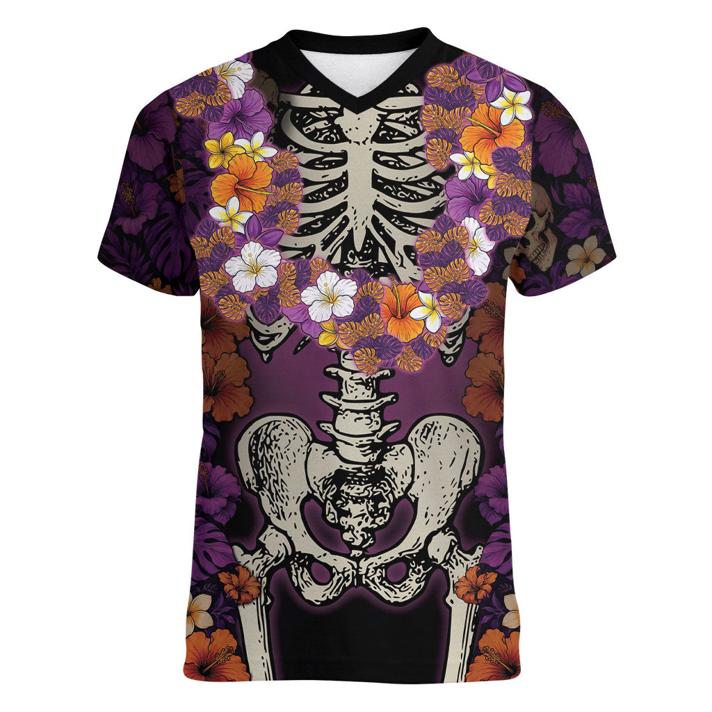 Hawaii Halloween Women V-Neck T-Shirt Skeleton Bones Flower Lei Tropical Floral DT05 Female Black - Polynesian Pride