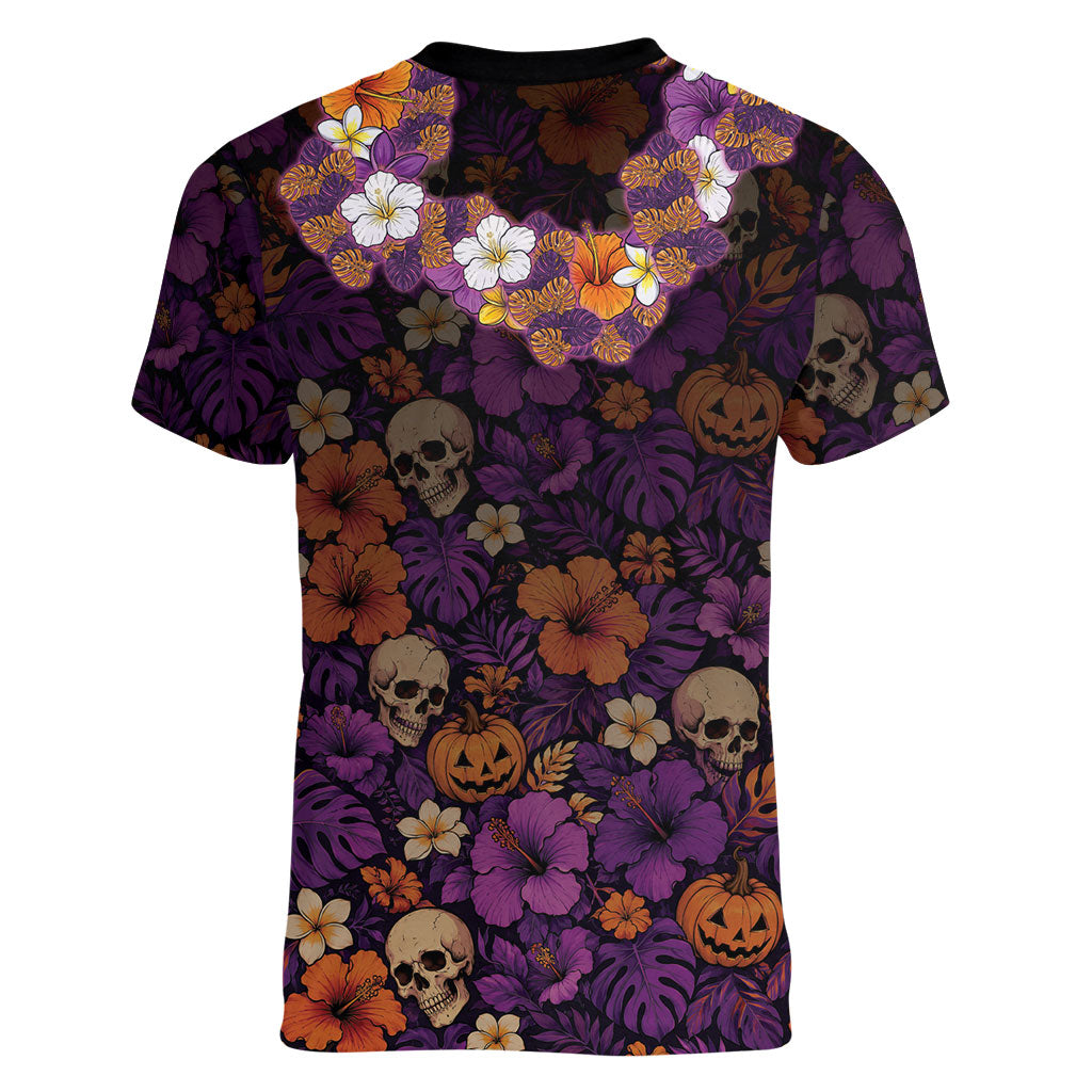 Hawaii Halloween Women V-Neck T-Shirt Skeleton Bones Flower Lei Tropical Floral DT05 - Polynesian Pride