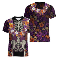 Hawaii Halloween Women V-Neck T-Shirt Skeleton Bones Flower Lei Tropical Floral DT05 - Polynesian Pride