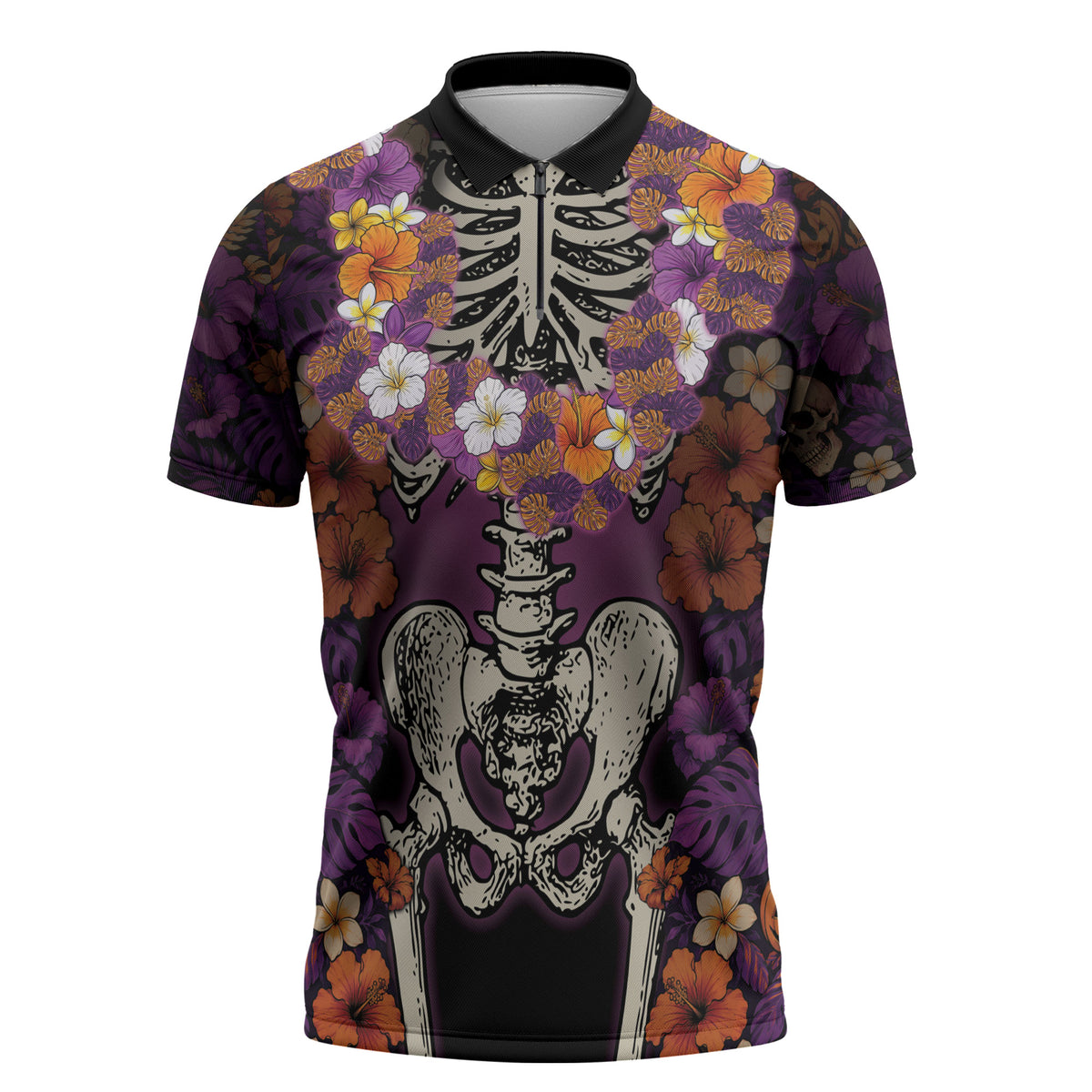 Hawaii Halloween Zipper Polo Shirt Skeleton Bones Flower Lei Tropical Floral DT05 Black - Polynesian Pride
