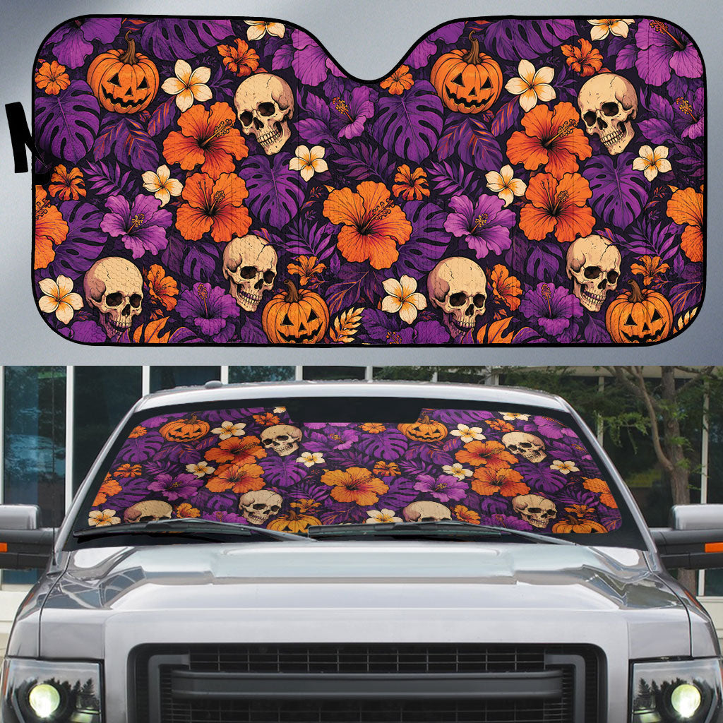 Hawaii Halloween Auto Sun Shade Skeleton Pumpkin Hawaiian Flower Tribal DT05 Purple - Polynesian Pride