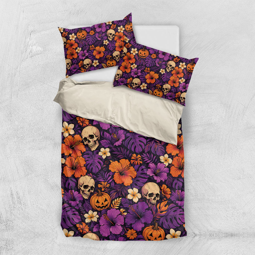 Hawaii Halloween Bedding Set Skeleton Pumpkin Hawaiian Flower Tribal DT05 US Twin 172cm x 218cm Purple - Polynesian Pride