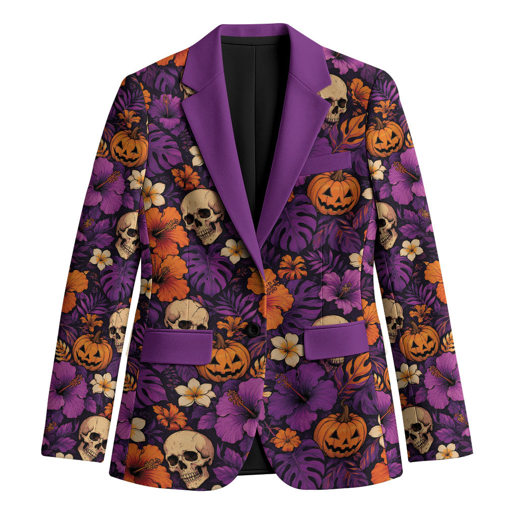 Hawaii Halloween Blazer Skeleton Pumpkin Hawaiian Flower Tribal DT05 Unisex Purple - Polynesian Pride