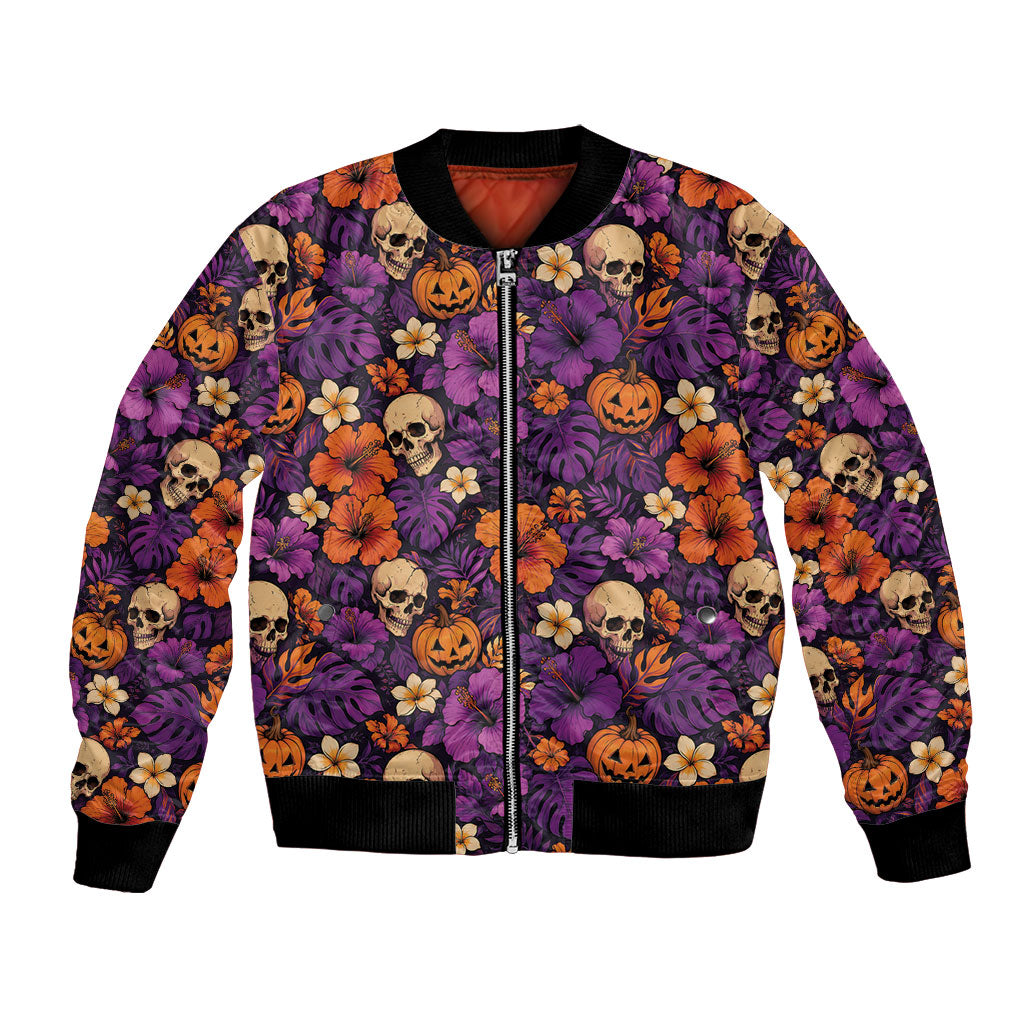 Hawaii Halloween Bomber Jacket Skeleton Pumpkin Hawaiian Flower Tribal DT05 Unisex Purple - Polynesian Pride