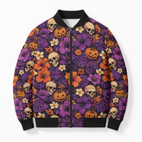 Hawaii Halloween Bomber Puffer Jacket Skeleton Pumpkin Hawaiian Flower Tribal DT05 Unisex Purple - Polynesian Pride
