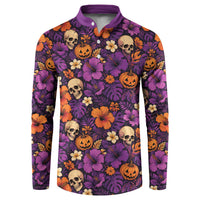 Hawaii Halloween Button Sweatshirt Skeleton Pumpkin Hawaiian Flower Tribal DT05 Purple - Polynesian Pride