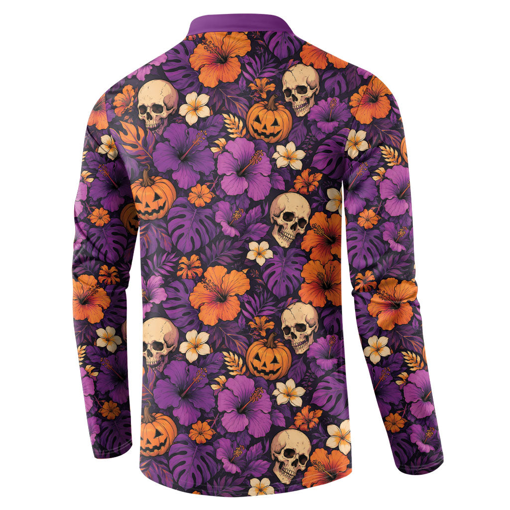 Hawaii Halloween Button Sweatshirt Skeleton Pumpkin Hawaiian Flower Tribal DT05 - Polynesian Pride