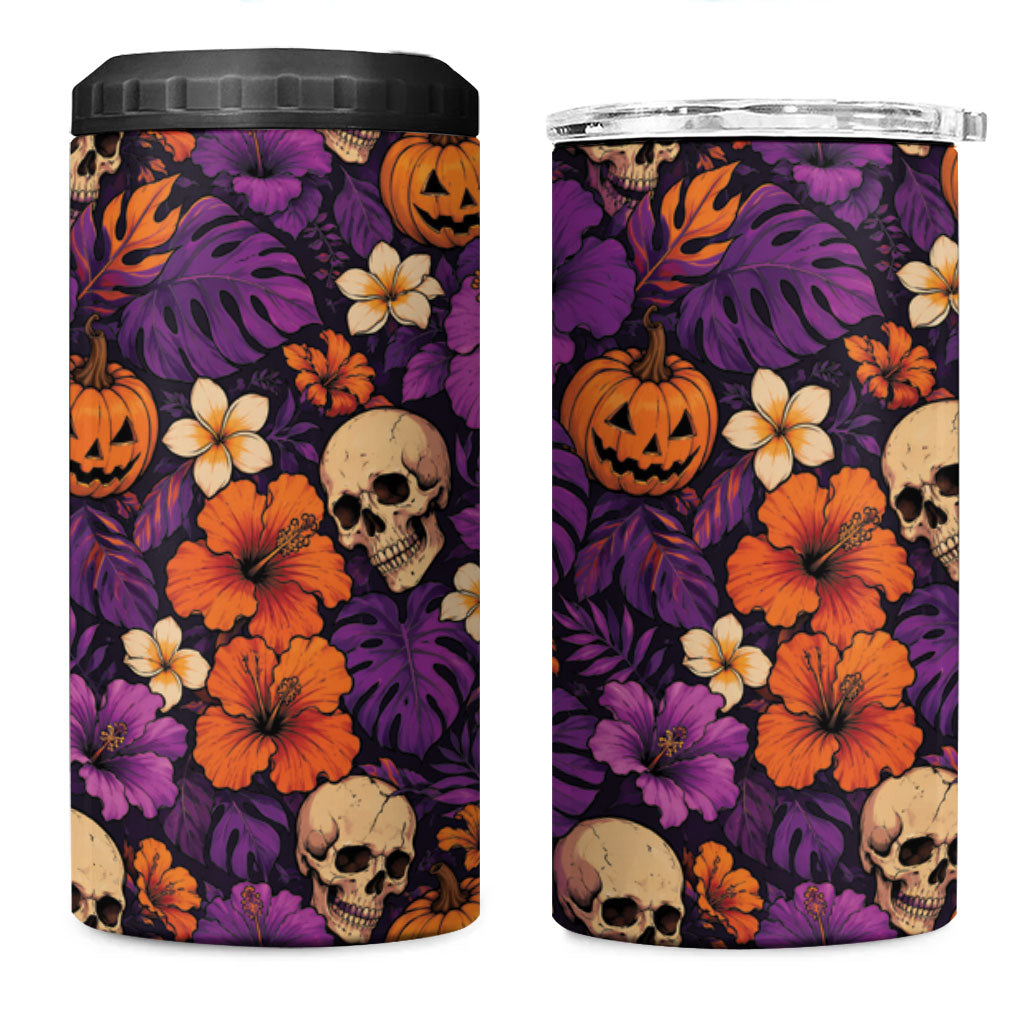 Hawaii Halloween 4 in 1 Can Cooler Tumbler Skeleton Pumpkin Hawaiian Flower Tribal DT05 One Size: 16 oz Purple - Polynesian Pride