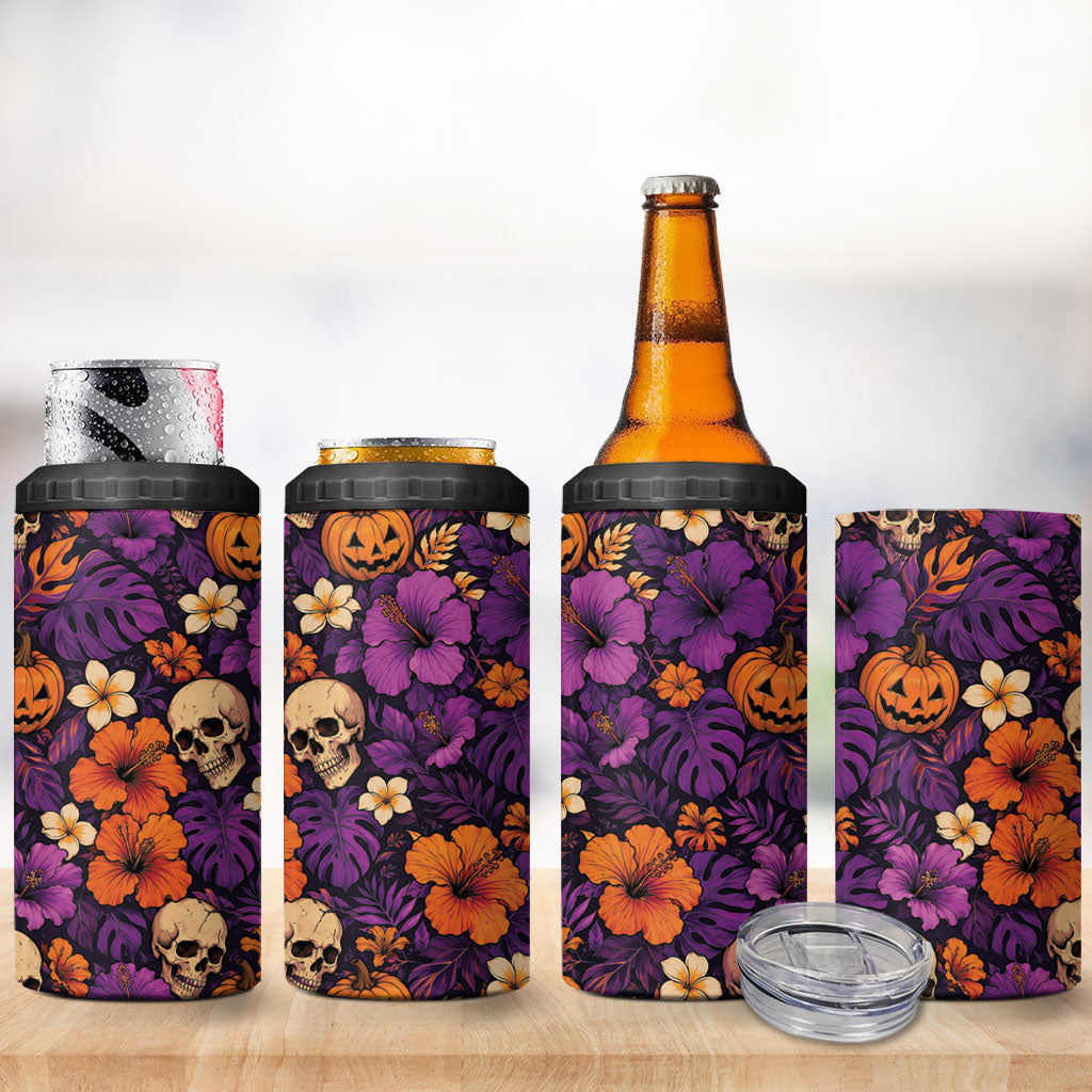 Hawaii Halloween 4 in 1 Can Cooler Tumbler Skeleton Pumpkin Hawaiian Flower Tribal DT05 - Polynesian Pride