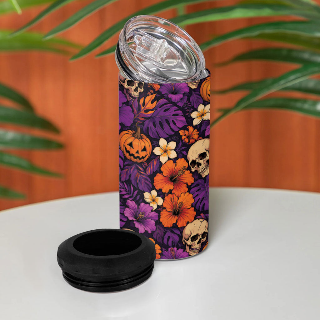Hawaii Halloween 4 in 1 Can Cooler Tumbler Skeleton Pumpkin Hawaiian Flower Tribal DT05 - Polynesian Pride