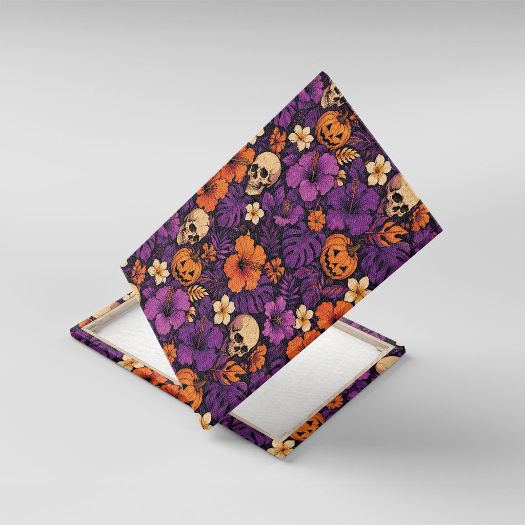Hawaii Halloween Canvas Wall Art Skeleton Pumpkin Hawaiian Flower Tribal DT05 With Frame Purple - Polynesian Pride