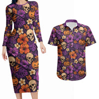 Hawaii Halloween Couples Matching Long Sleeve Bodycon Dress and Hawaiian Shirt Skeleton Pumpkin Hawaiian Flower Tribal DT05 Purple - Polynesian Pride