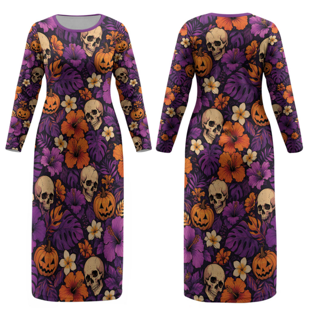Hawaii Halloween Couples Matching Long Sleeve Bodycon Dress and Long Sleeve Button Shirt Skeleton Pumpkin Hawaiian Flower Tribal DT05 - Polynesian Pride