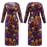 Hawaii Halloween Couples Matching Long Sleeve Bodycon Dress and Long Sleeve Button Shirt Skeleton Pumpkin Hawaiian Flower Tribal DT05 - Polynesian Pride