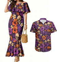 Hawaii Halloween Couples Matching Mermaid Dress and Hawaiian Shirt Skeleton Pumpkin Hawaiian Flower Tribal DT05 Purple - Polynesian Pride