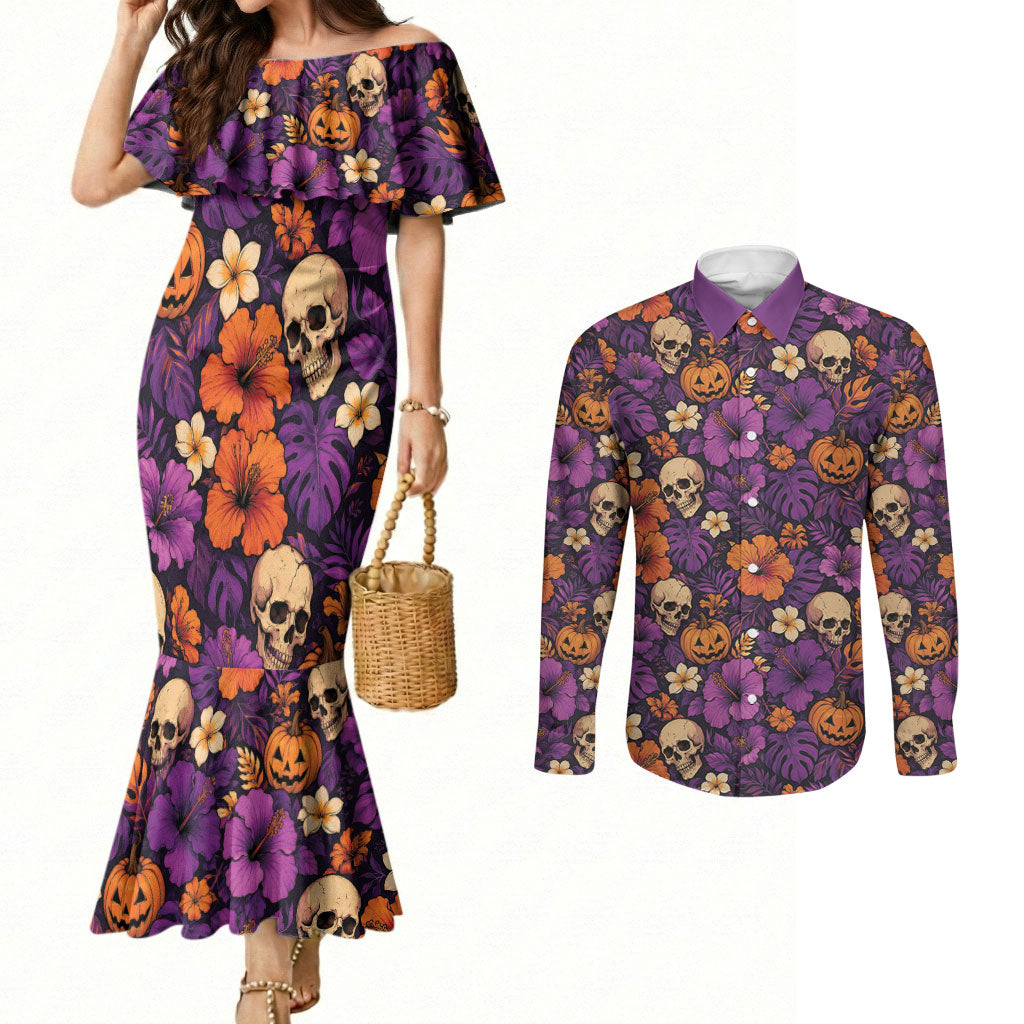 Hawaii Halloween Couples Matching Mermaid Dress and Long Sleeve Button Shirt Skeleton Pumpkin Hawaiian Flower Tribal DT05 Purple - Polynesian Pride