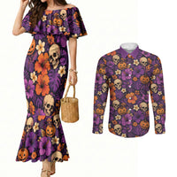 Hawaii Halloween Couples Matching Mermaid Dress and Long Sleeve Button Shirt Skeleton Pumpkin Hawaiian Flower Tribal DT05 Purple - Polynesian Pride