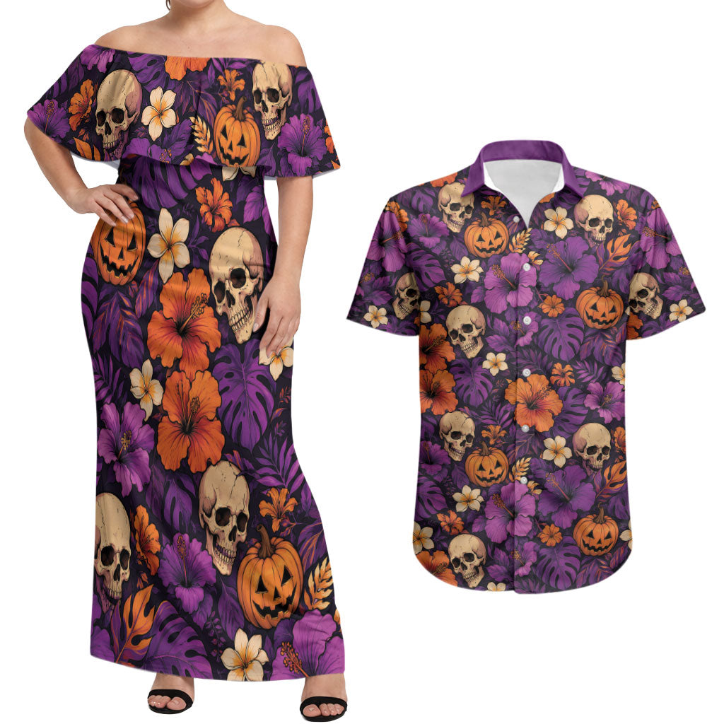 Hawaii Halloween Couples Matching Off Shoulder Maxi Dress and Hawaiian Shirt Skeleton Pumpkin Hawaiian Flower Tribal DT05 Purple - Polynesian Pride