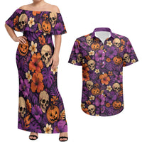 Hawaii Halloween Couples Matching Off Shoulder Maxi Dress and Hawaiian Shirt Skeleton Pumpkin Hawaiian Flower Tribal DT05 Purple - Polynesian Pride
