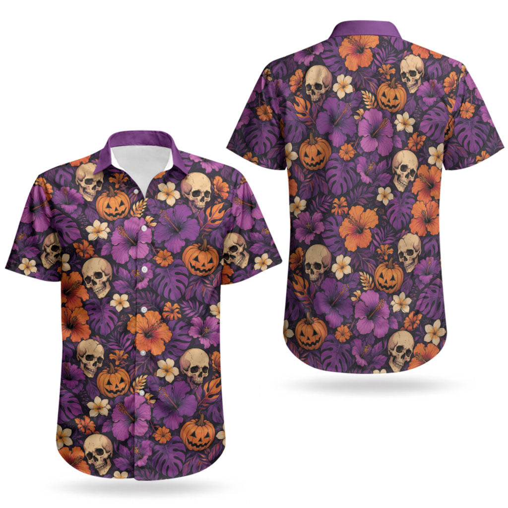 Hawaii Halloween Couples Matching Off Shoulder Maxi Dress and Hawaiian Shirt Skeleton Pumpkin Hawaiian Flower Tribal DT05 - Polynesian Pride