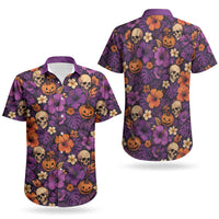 Hawaii Halloween Couples Matching Off Shoulder Maxi Dress and Hawaiian Shirt Skeleton Pumpkin Hawaiian Flower Tribal DT05 - Polynesian Pride