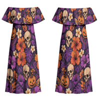 Hawaii Halloween Couples Matching Off Shoulder Maxi Dress and Hawaiian Shirt Skeleton Pumpkin Hawaiian Flower Tribal DT05 - Polynesian Pride