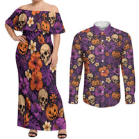 Hawaii Halloween Couples Matching Off Shoulder Maxi Dress and Long Sleeve Button Shirt Skeleton Pumpkin Hawaiian Flower Tribal DT05 Purple - Polynesian Pride
