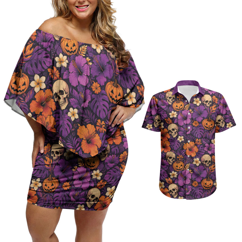Hawaii Halloween Couples Matching Off Shoulder Short Dress and Hawaiian Shirt Skeleton Pumpkin Hawaiian Flower Tribal DT05 Purple - Polynesian Pride