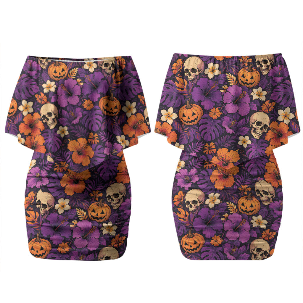 Hawaii Halloween Couples Matching Off Shoulder Short Dress and Hawaiian Shirt Skeleton Pumpkin Hawaiian Flower Tribal DT05 - Polynesian Pride