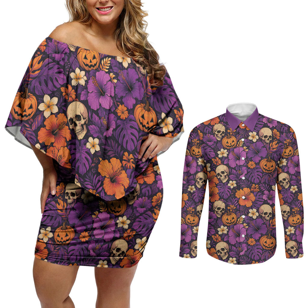 Hawaii Halloween Couples Matching Off Shoulder Short Dress and Long Sleeve Button Shirt Skeleton Pumpkin Hawaiian Flower Tribal DT05 Purple - Polynesian Pride